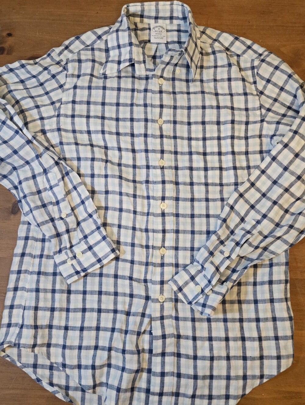 Brooks Brothers Shirt Mens 100% Irish Linen Button Down Blue & White Plaid Sz M